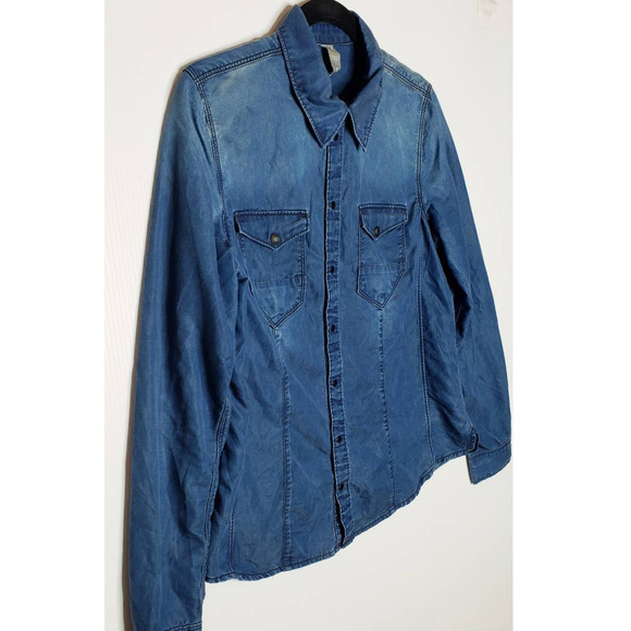 G Star Raw Women's Medium Tacoma Straight Shirt Denim Chambray Snap Lyocell Blue - Picture 2 of 8